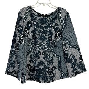 Yoana Baraschi Size 6 Navy Blue Lace Print Long Sleeve Peplum Top Back Zip